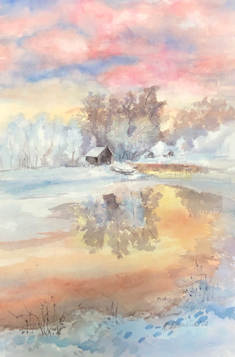Early Frosty Morning. Winter watercolor delicate impressionistic landscape by Nadezhda Bogomolova
