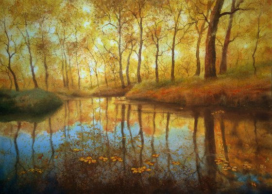 Autumn Landscape Gold and Blue - autumn leaves yellow vibrant golden fall colors