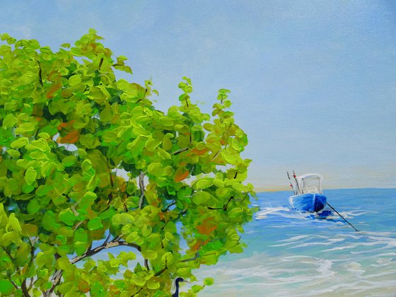 COASTAL PARADISE. SANIBEL ISLAND BEACH. Tropical Island Seascape Painting of Florida Beach and Fishing Boat.