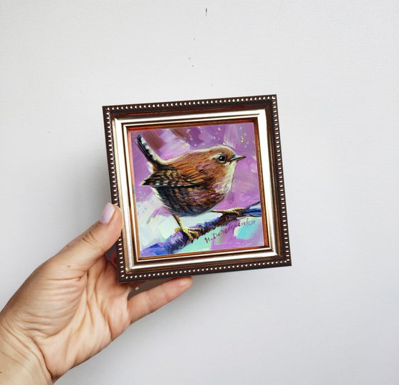 Bird painting 4x4, Wren art original, Mini bird art framed, Tiny birds artwork, Small Bird purple painting oil, Christmas gift for women