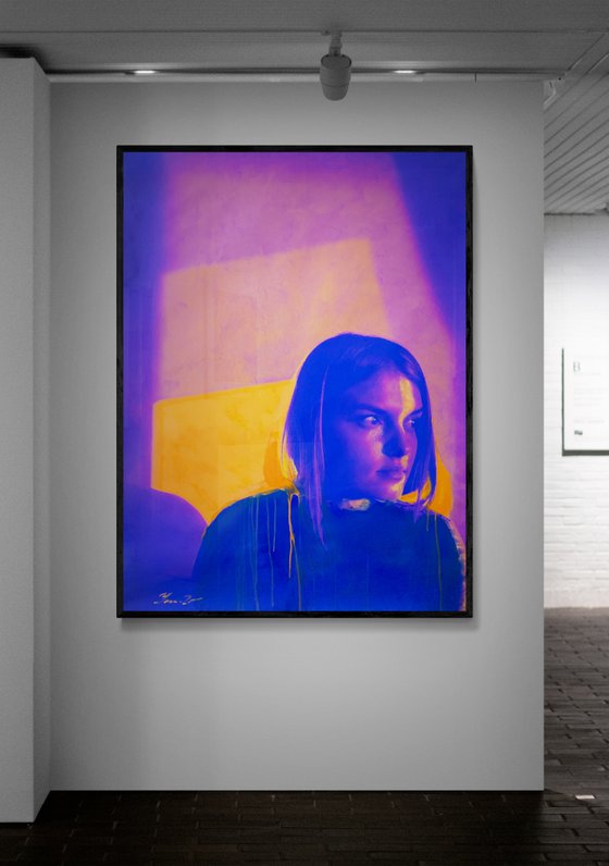 Bright painting - "Blue-orange girl" - Pop Art - Portrait - Neon art - 130x100cm