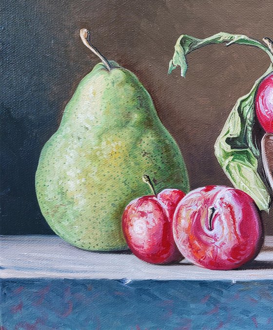 Still life -  plums and pear