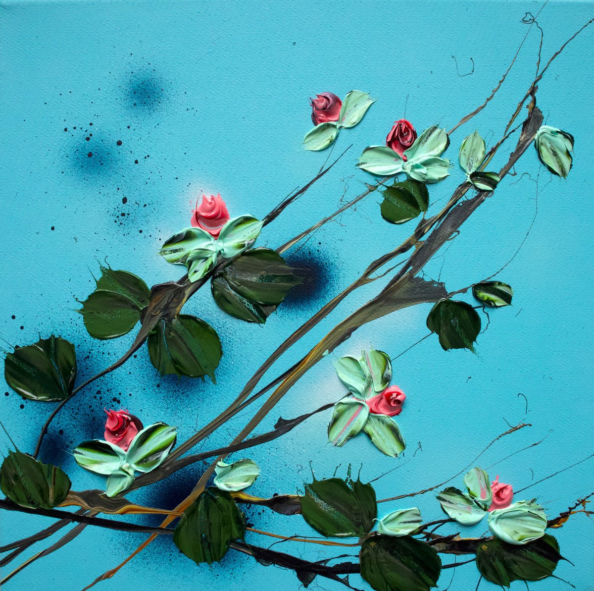 Abstract Acrylic Painting By Anastassia Skopp, 12 X 12, - Red Rose Bush - ?, Original Artwork