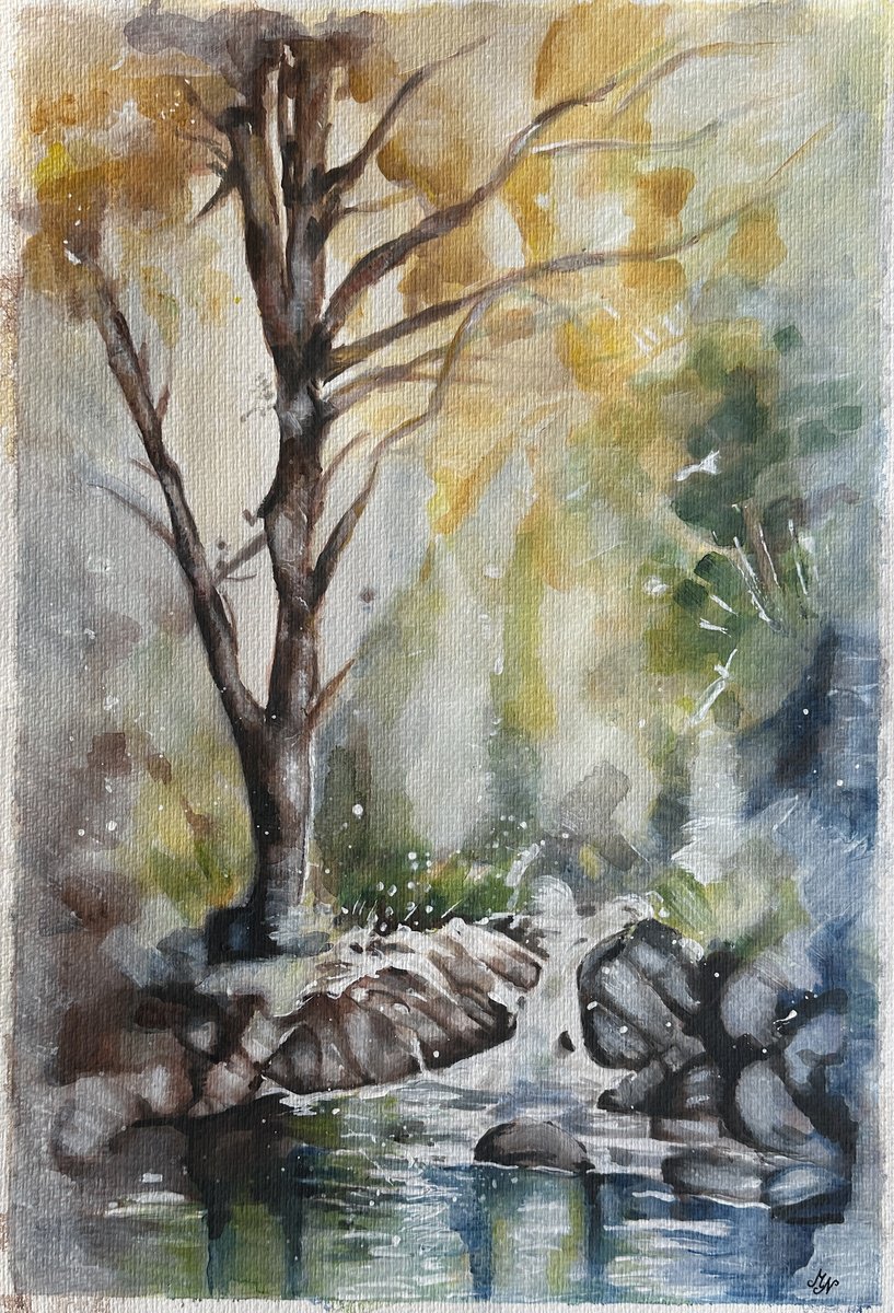 Impressionistic Landscape Painting By Misty Lady - M. Nierobisz, 13 X 19", Over The Stream, Original Artwork