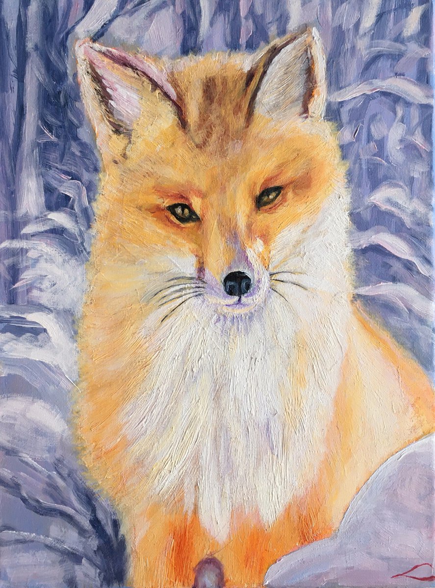 Impressionistic Animal Oil Painting By Elena Sokolova, 12 X 16, Winter Fox, Original Artwork