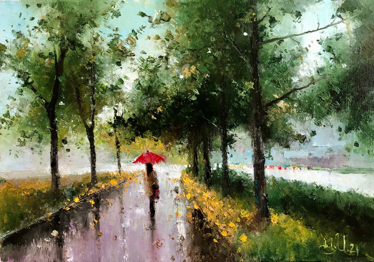 September. Alley. Red umbrella. by Igor Medvedev