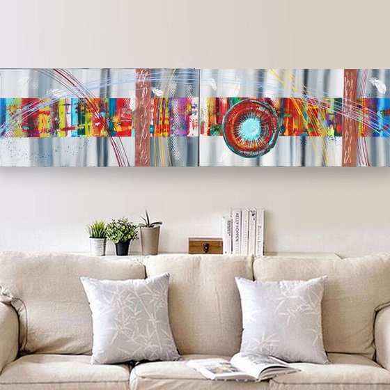 Rainbow A370 Large abstract paintings Palette knife 50x200x2 cm set of 2 original abstract acrylic paintings on stretched canvas