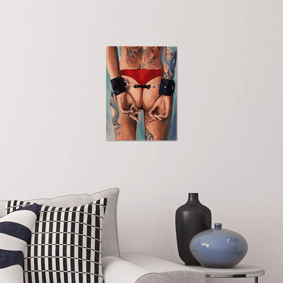 FREEDOM - original oil painting, pop art, nude, handcuffs, wallart, decor, home decor, gift idea