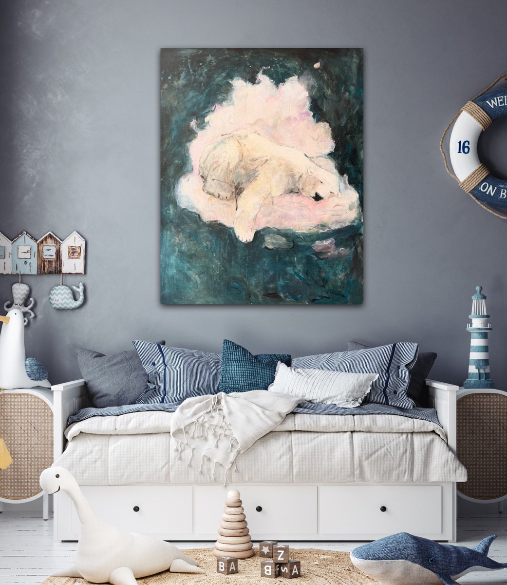 Surrealistic Animal Acrylic Painting By Liubou Sas, 39 X 49", Soft Cloud, Original Artwork