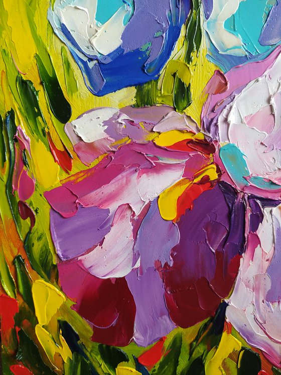Irises in a sunny day - flowers, oil painting, irises flowers, gift idea, gift for woman, flowers oil painting,