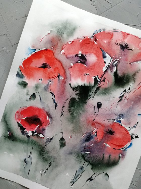 Red poppy painting. Wildflowers