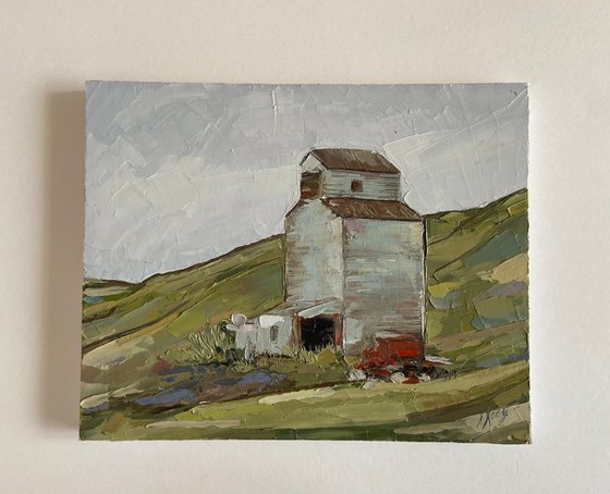 Abstract landscape Montana Grain elevator Original Oil Painting 22x28cm 8.5x11inch