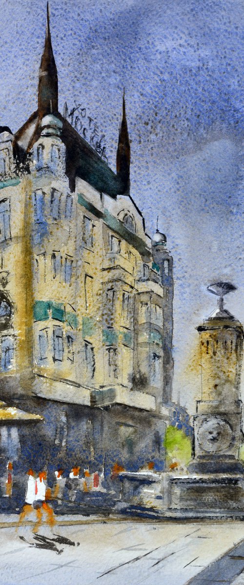 Another day before Hotel Moskva Terazije Belgrade 17x36 cm 2022 by Nenad Kojić watercolorist