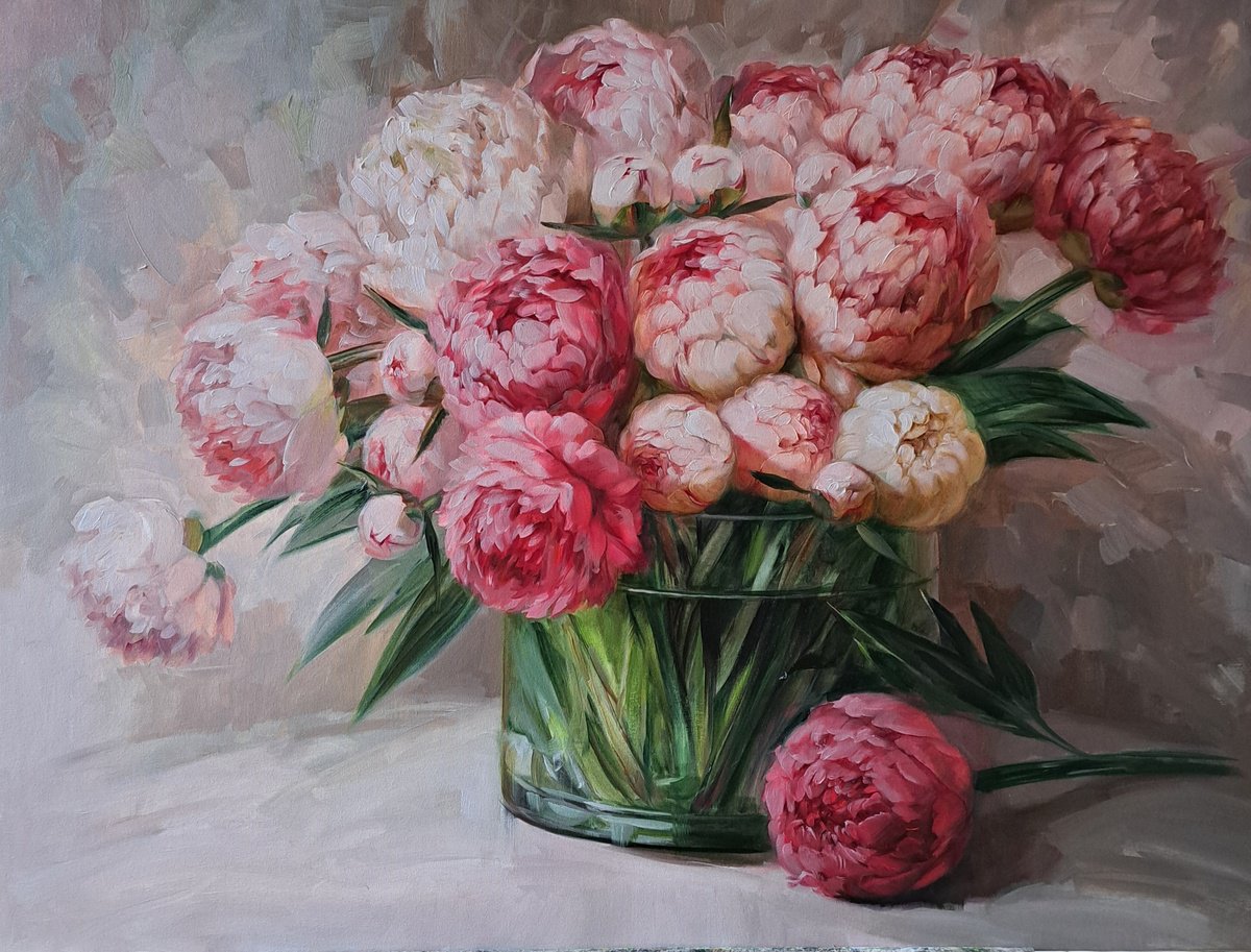 Impressionistic Botanical Oil Painting By Nataly Derevyanko, 31 X 24", Peonies In A Glass Vase, Original Artwork