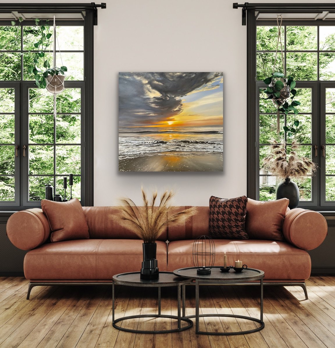 Photorealistic Landscape Oil Painting By Aflatun Israilov, 40 X 39, Ocean Sunset, Original Artwork