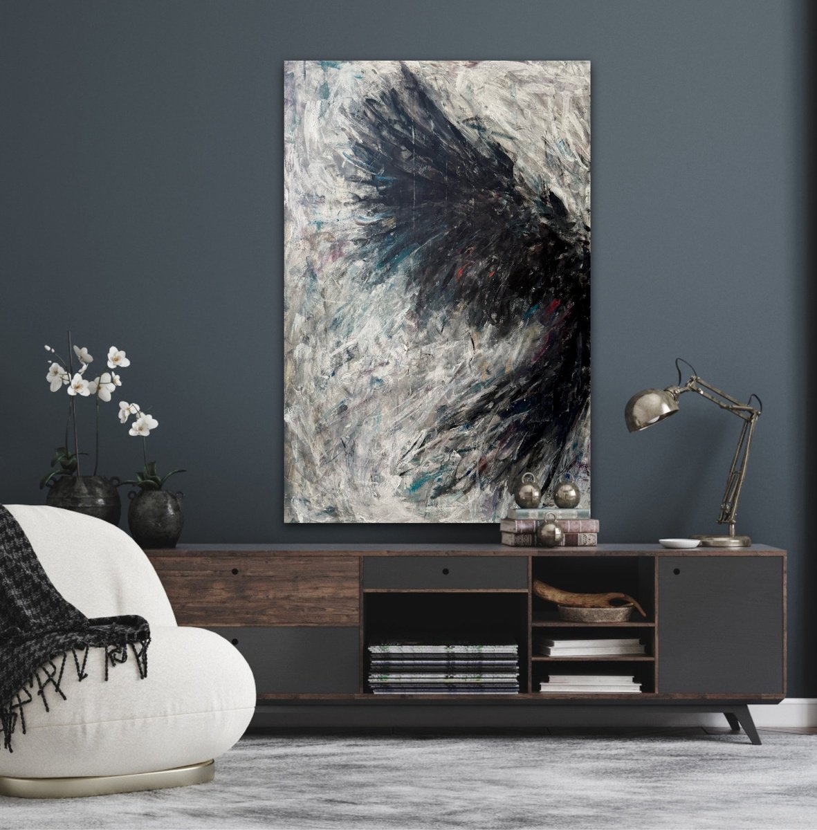 Expressive Abstract Acrylic Painting By Liubou Sas, 31 X 47", Raven Flight, Original Artwork