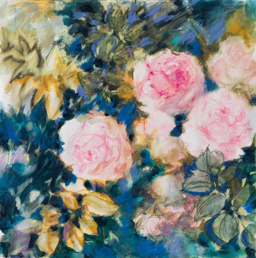 Autumn roses - floral painting in pink and blue by Fabienne Monestier