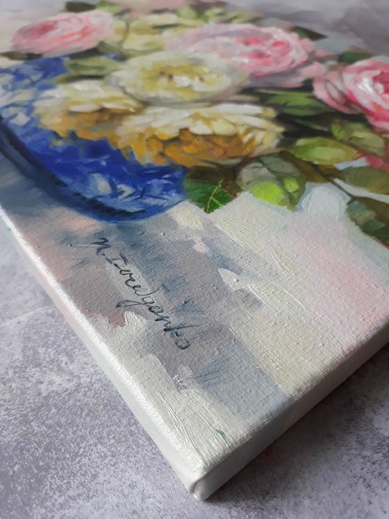 Roses love, floral oil painting on canvas, yellow pink roses in a blue vase