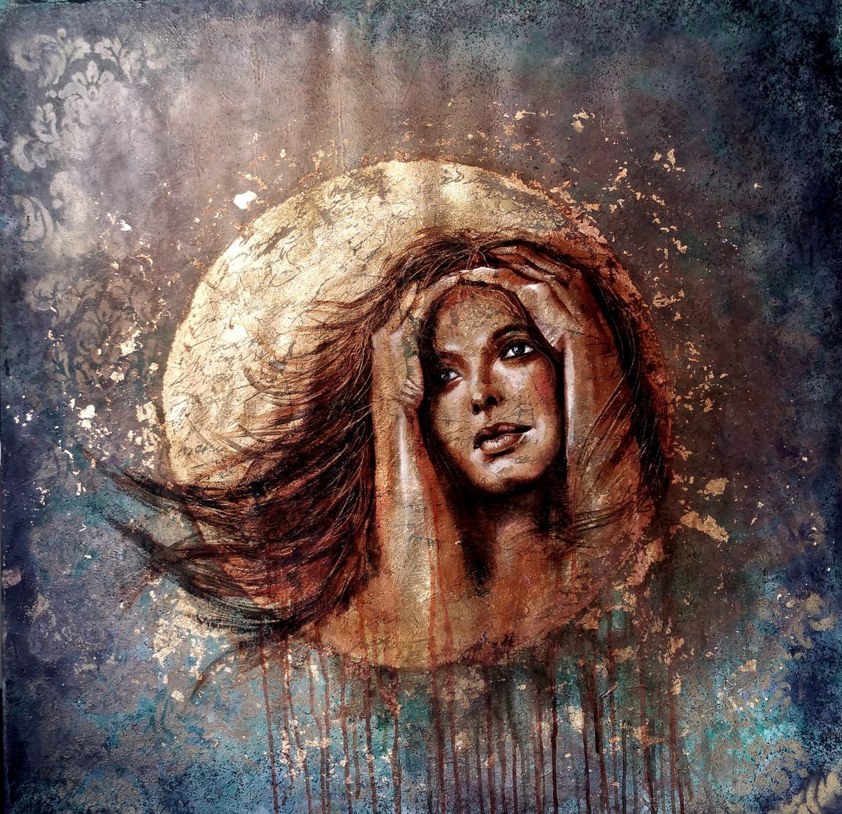 Expressive Portrait Painting By Elena Kraft, 32 X 32, Golden Essentials, Original Artwork