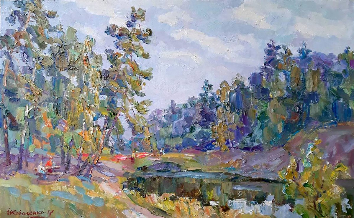 Impressionistic Landscape Oil Painting By Ivan Kovalenko, 27 X 17, Forest Park, Original Artwork