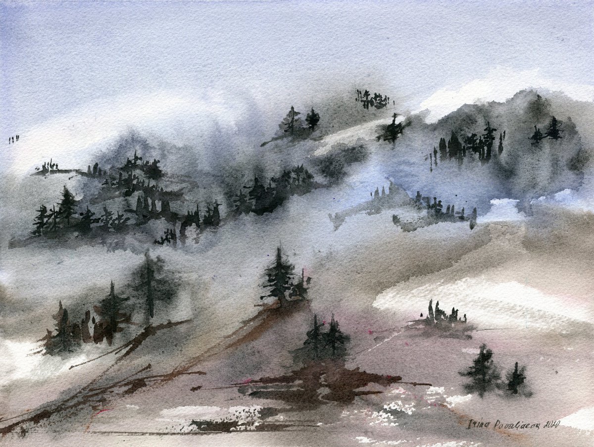Snowy slopes original artwork, medium watercolor painting in nature colores by Irina Povaliaeva