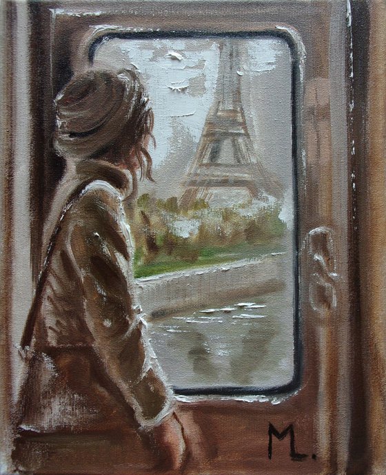 " TRAVEL TO PARIS ... " original painting TRIP SPRING palette knife GIFT GREEN