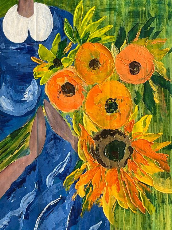 Woman with Sunflowers Painting