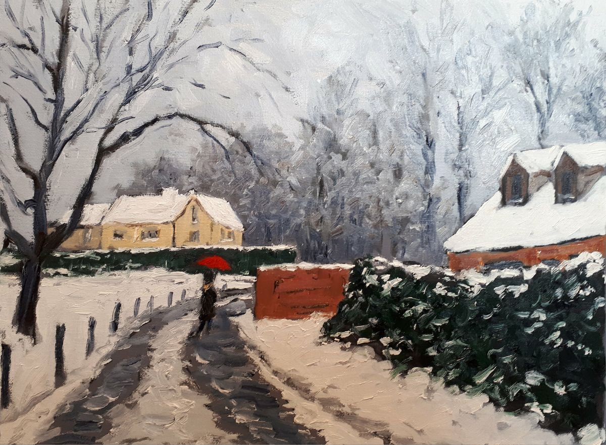 Landscape Oil Painting By Colin Ross Jack, 16 X 12, Snowscene With Red Umbrella Iv, Original Artwork