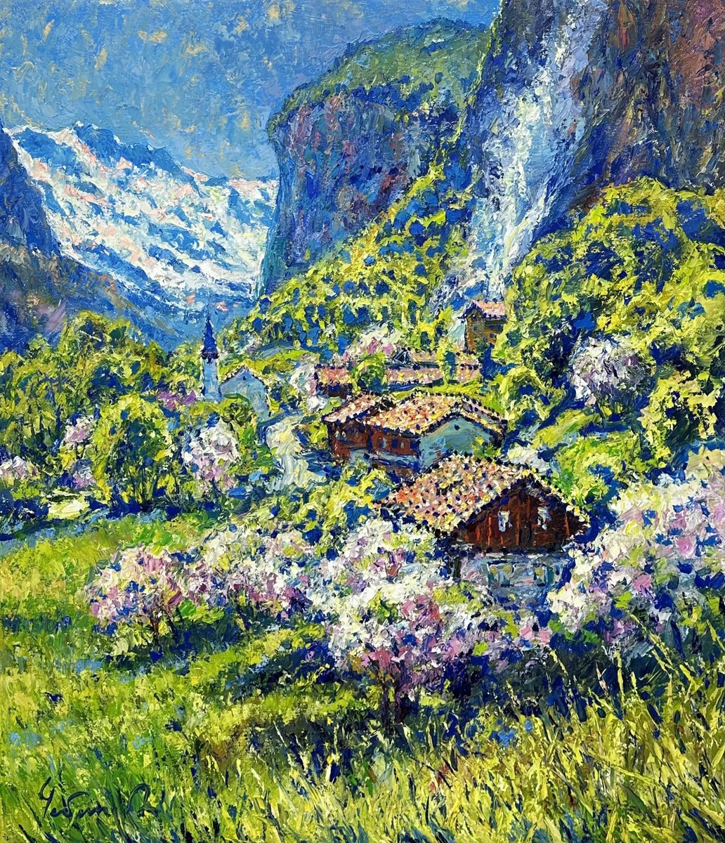 Impressionistic Landscape Oil Painting By Andrii Chebotaru, 35 X 41, Serenity In The Swiss Alps, Original Artwork