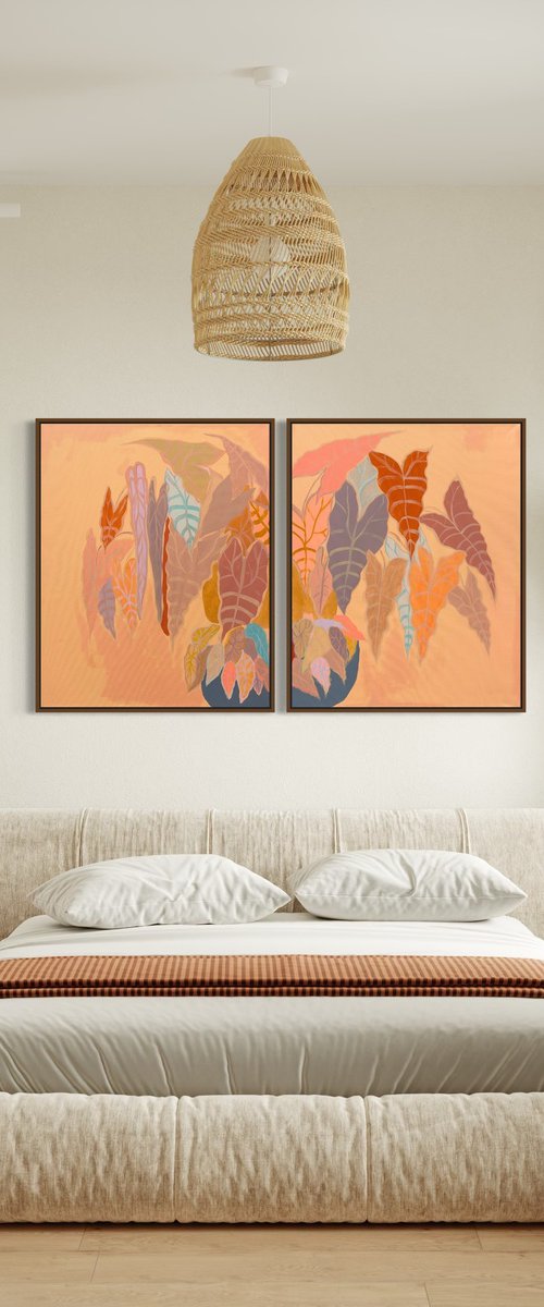 ‘Burnt Coral Alocasia and Begonia’ diptych by Kathryn Sillince