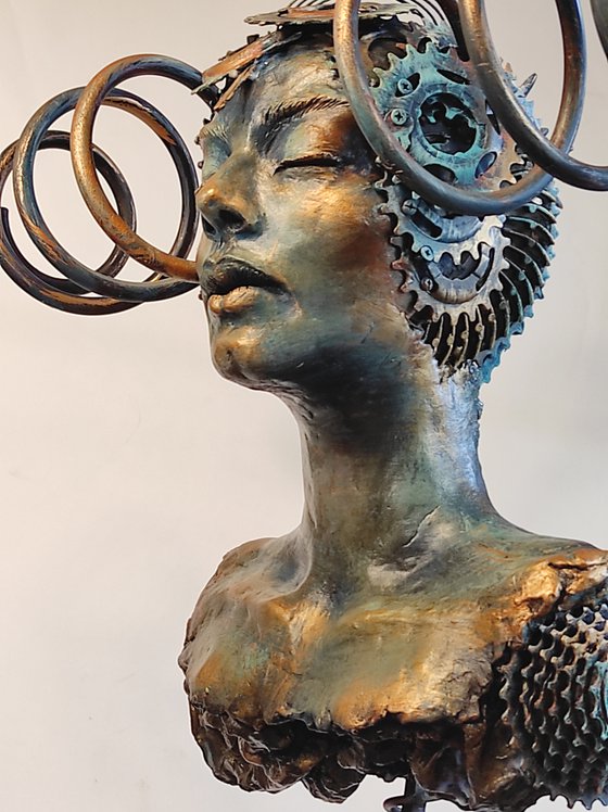 "Cyborg Woman" Unique mixed media sculpture 67x60x33cm.