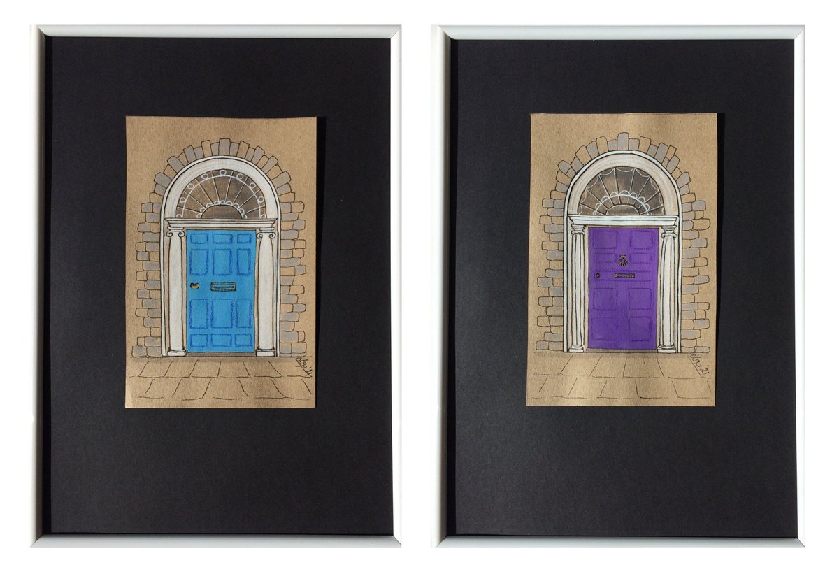 Violet and azure doors - Set of 2 architecture mixed media drawings in frames by Olga Ivanova