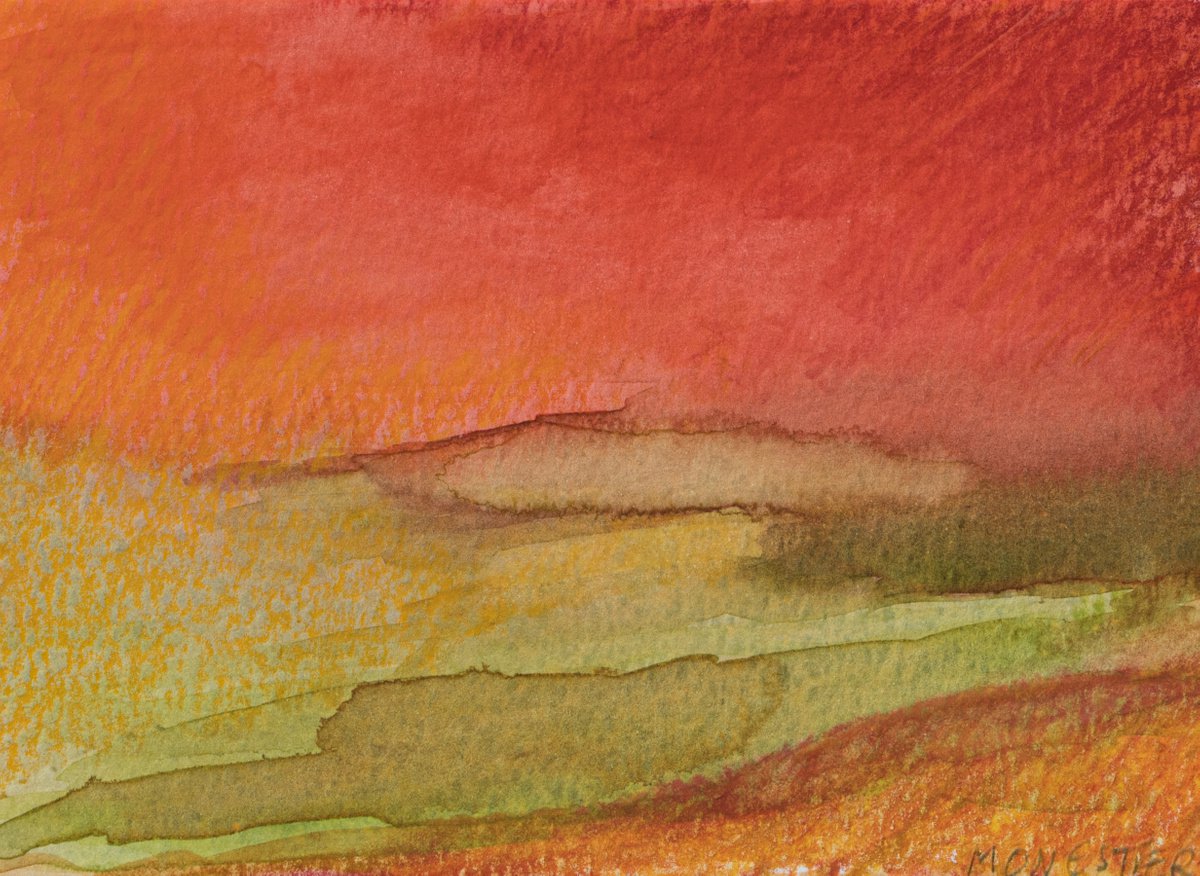 Green landscape with red sky - abstract landscape - mixed media - Ready to frame by Fabienne Monestier
