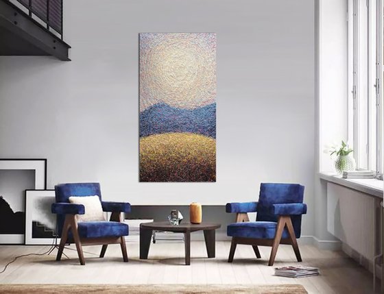 Mountains Sunlight Blue Yellow landscape Sun in the sky Abstract sunshine painting