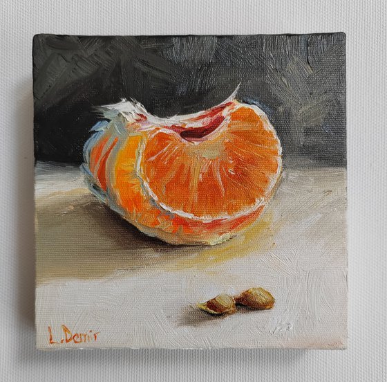 Tangerines slice fruit still life oil painting realistic citrus wall decor 4x4"