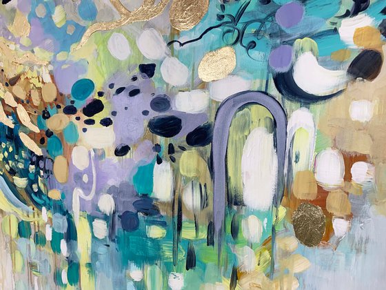 Summer Dream - Original Abstract Teal Blue Gray Gold Large Painting, Living Room Art, Minimalist Art, Wall Art Decor