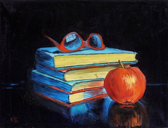 Still life: books and apple. 30x40cm