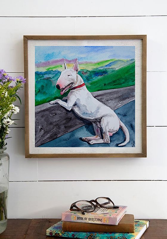 Bull Terrier watercolor painting, dog portrait, animalistic wall art