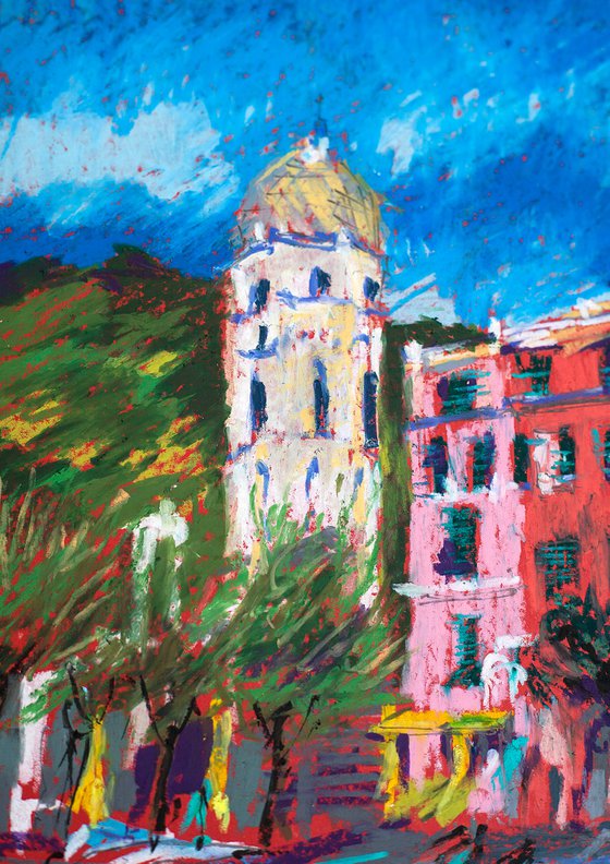 Vernazza. Tower in the old town harbor. Urban city sketch. Small oil pastel impressionistic interior painting