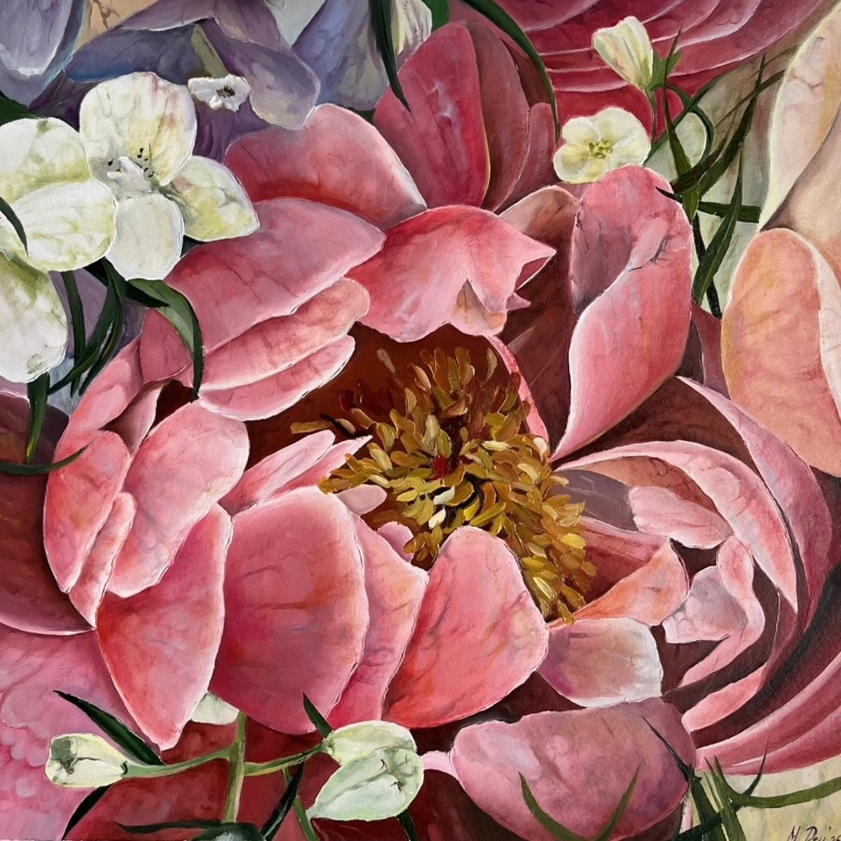 Photorealistic Botanical Oil Painting By Myroslava Denysyuk, 12 X 12", Peony Peonies Pink Flowers, Original Artwork