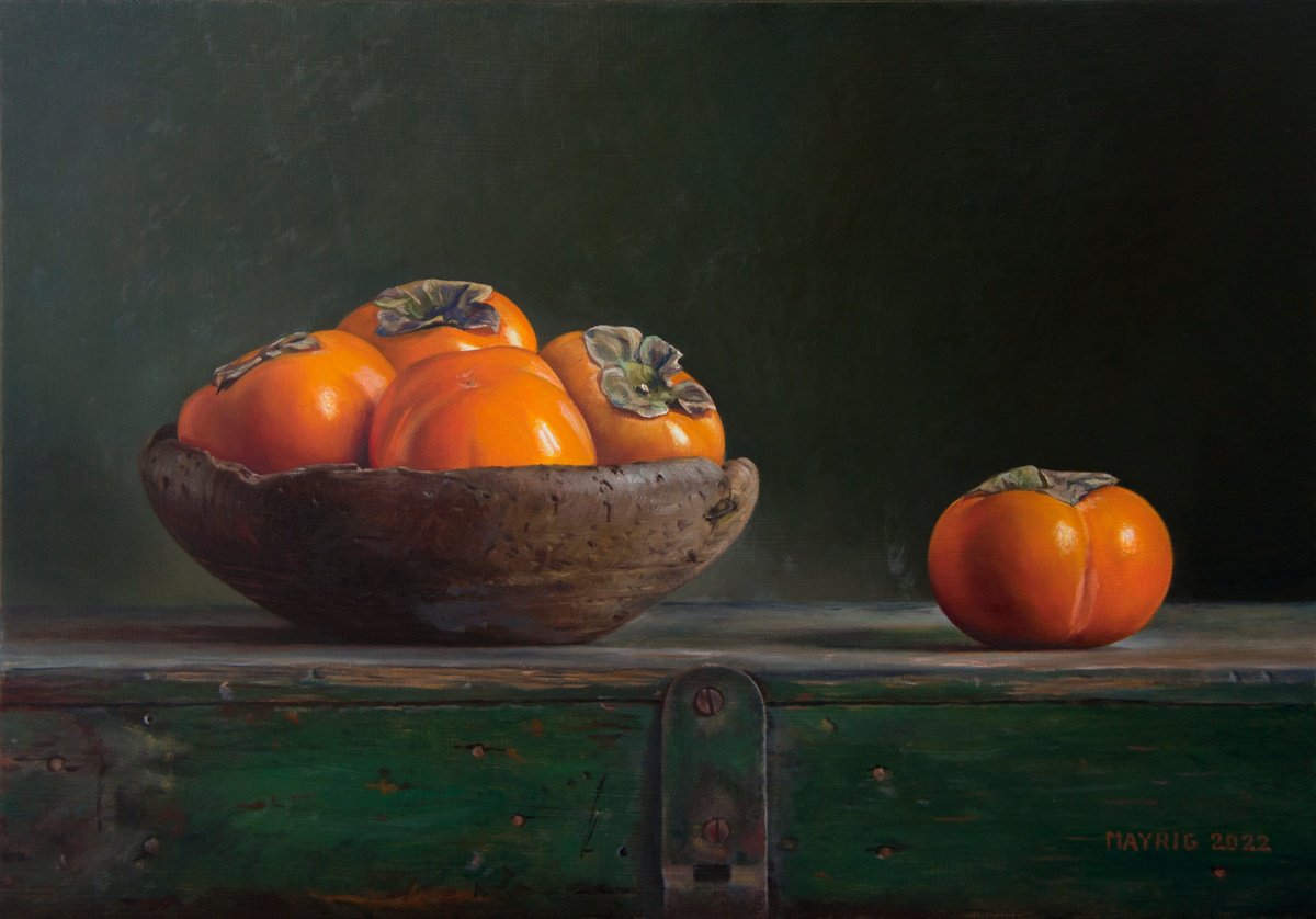 Photorealistic Still Life Oil Painting By Mayrig Simonjan, 20 X 14", Persimmon On The Run, Original Artwork