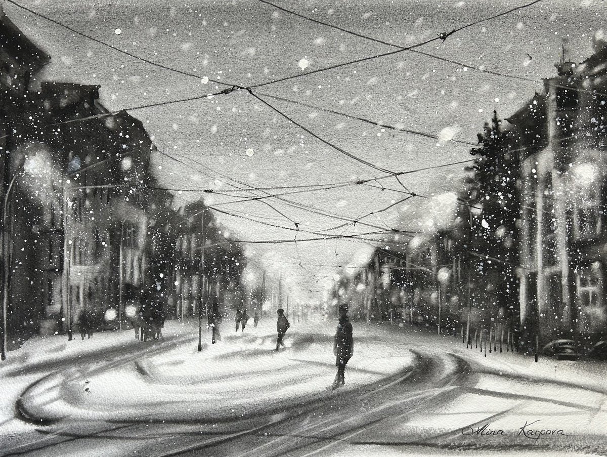 Photorealistic Cityscapes Watercolour By Alina Karpova, 16 X 12, Monochrome Winter, Original Artwork