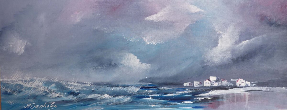 Impressionistic Landscape Acrylic Painting By Margaret Denholm, 20 X 8", By The Quiet Shore, Original Artwork