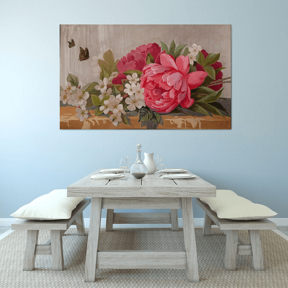 Apple Blossoms and Peonies Large Flower Painting