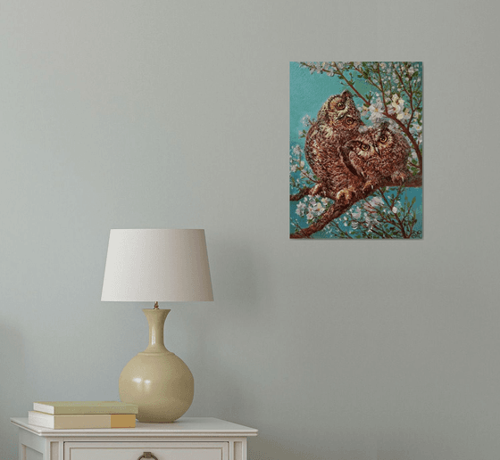 Spring landscape with owls