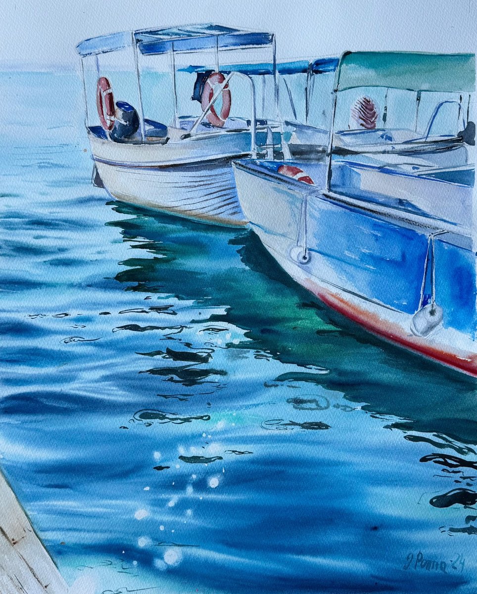 Photorealistic Landscape Watercolour By Irina Ponna, 16 X 20, Two Boats, Original Artwork