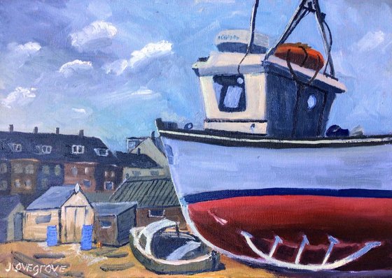 Fishing Boats at Deal Kent. An original 'plein air' oil painting.