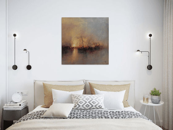 " Harbor of destroyed dreams - Hazy morning " W 70 x H 70 cm