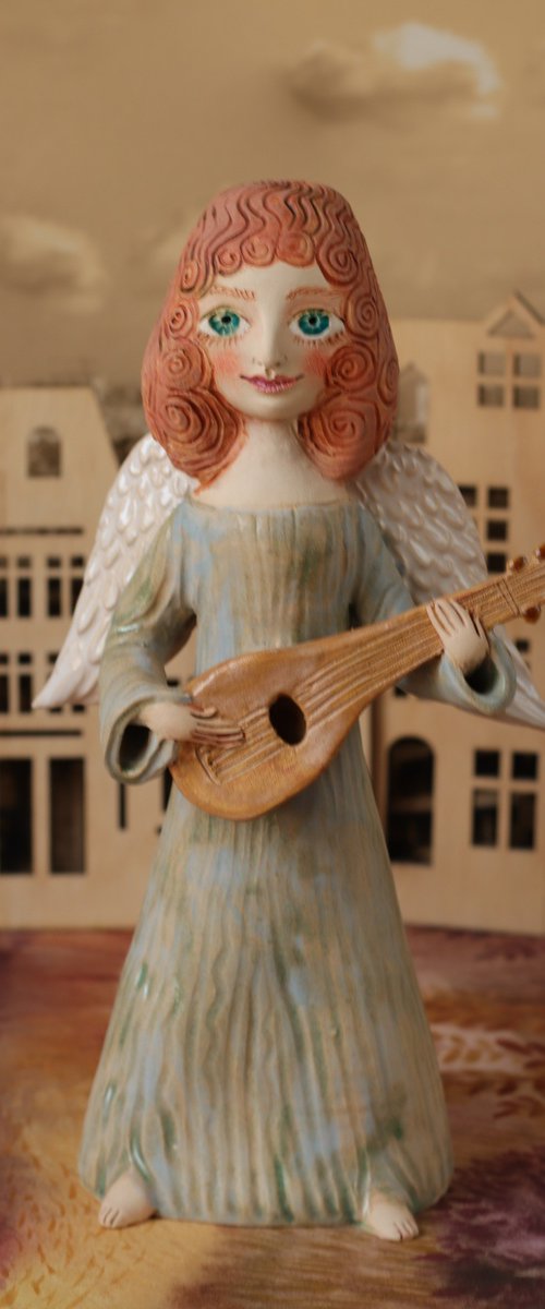 Angels all around me. Angel with a mandoline. OOAK Sculpture by Elya Yalonetski