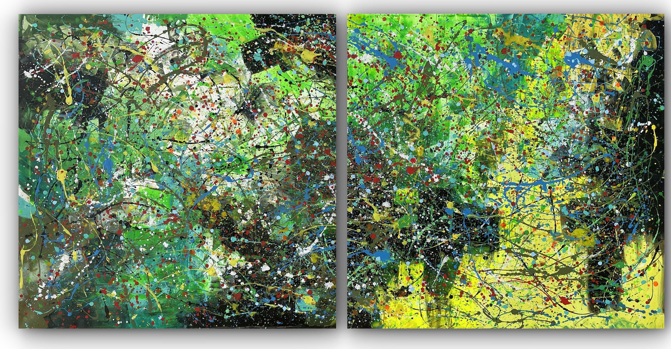 Abstract Acrylic Painting By Juan Jose Garay, 79 X 39", Diptych-Emerald Ethereal, Original Artwork